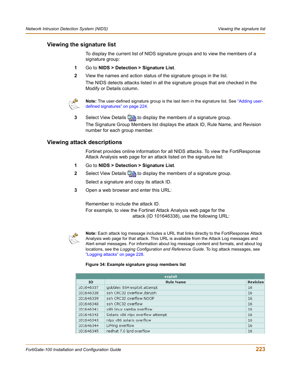 Viewing the signature list, Viewing attack descriptions | Fortinet FortiGate 100 User Manual | Page 223 / 272