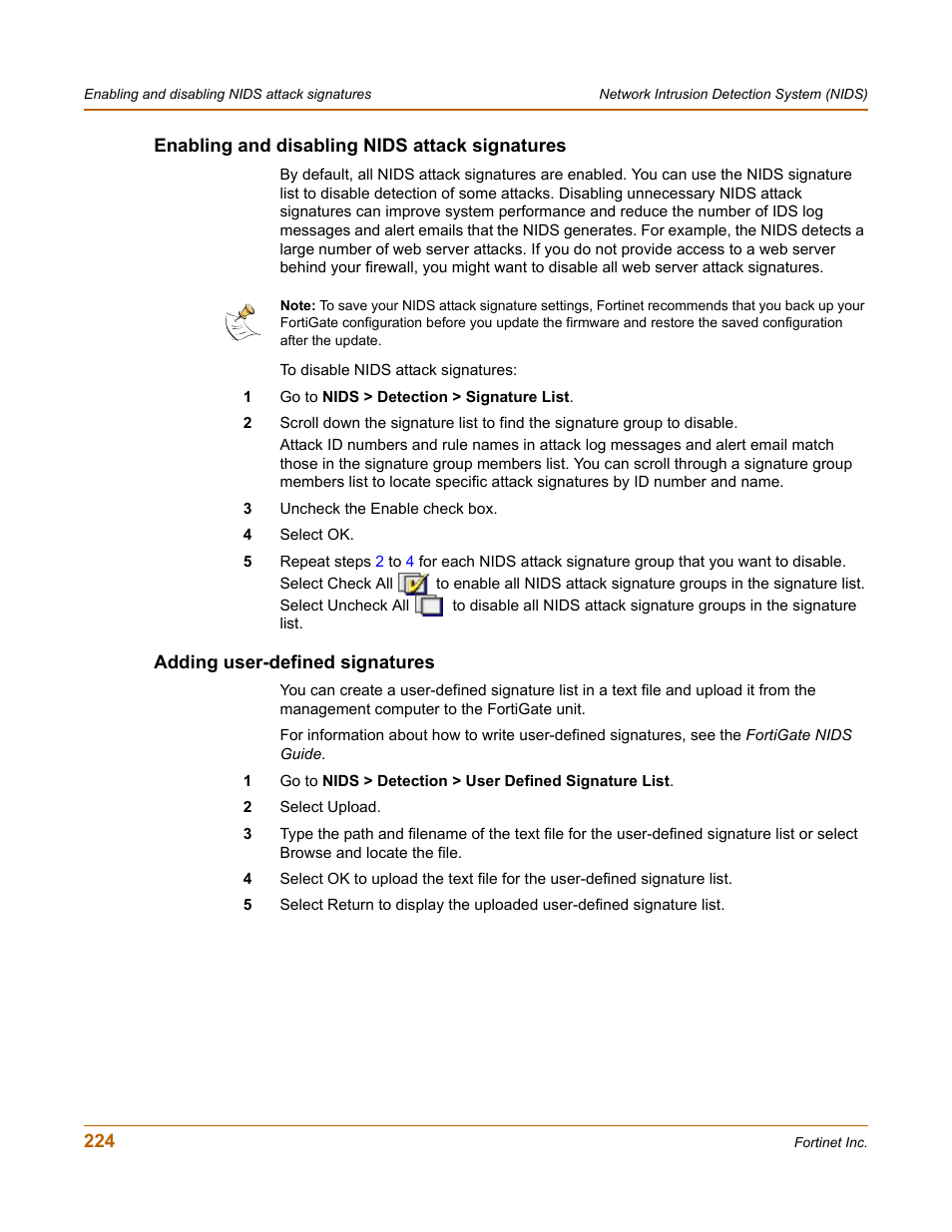 Enabling and disabling nids attack signatures, Adding user-defined signatures, St. see | Adding user | Fortinet FortiGate 100 User Manual | Page 224 / 272