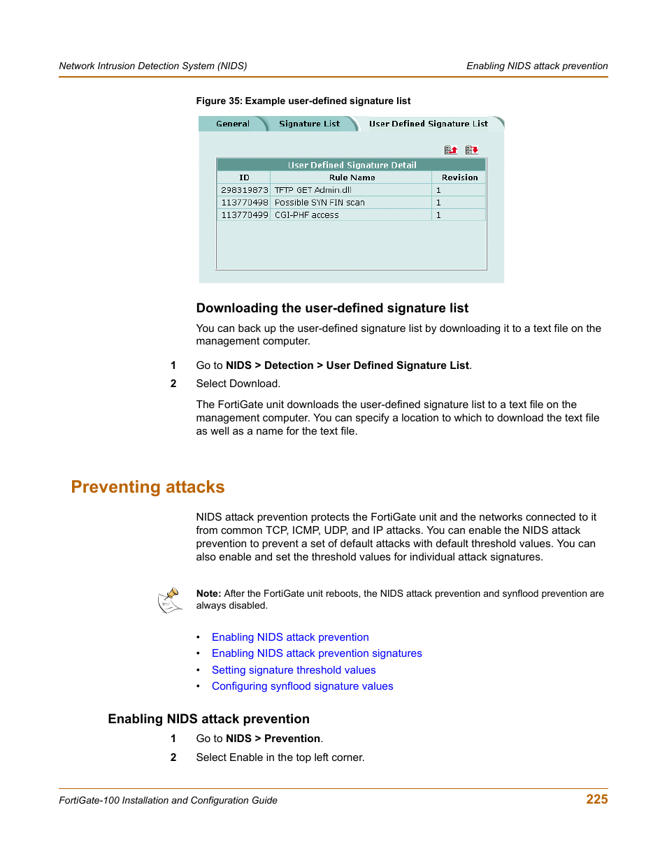 Downloading the user-defined signature list, Preventing attacks, Enabling nids attack prevention | Fortinet FortiGate 100 User Manual | Page 225 / 272