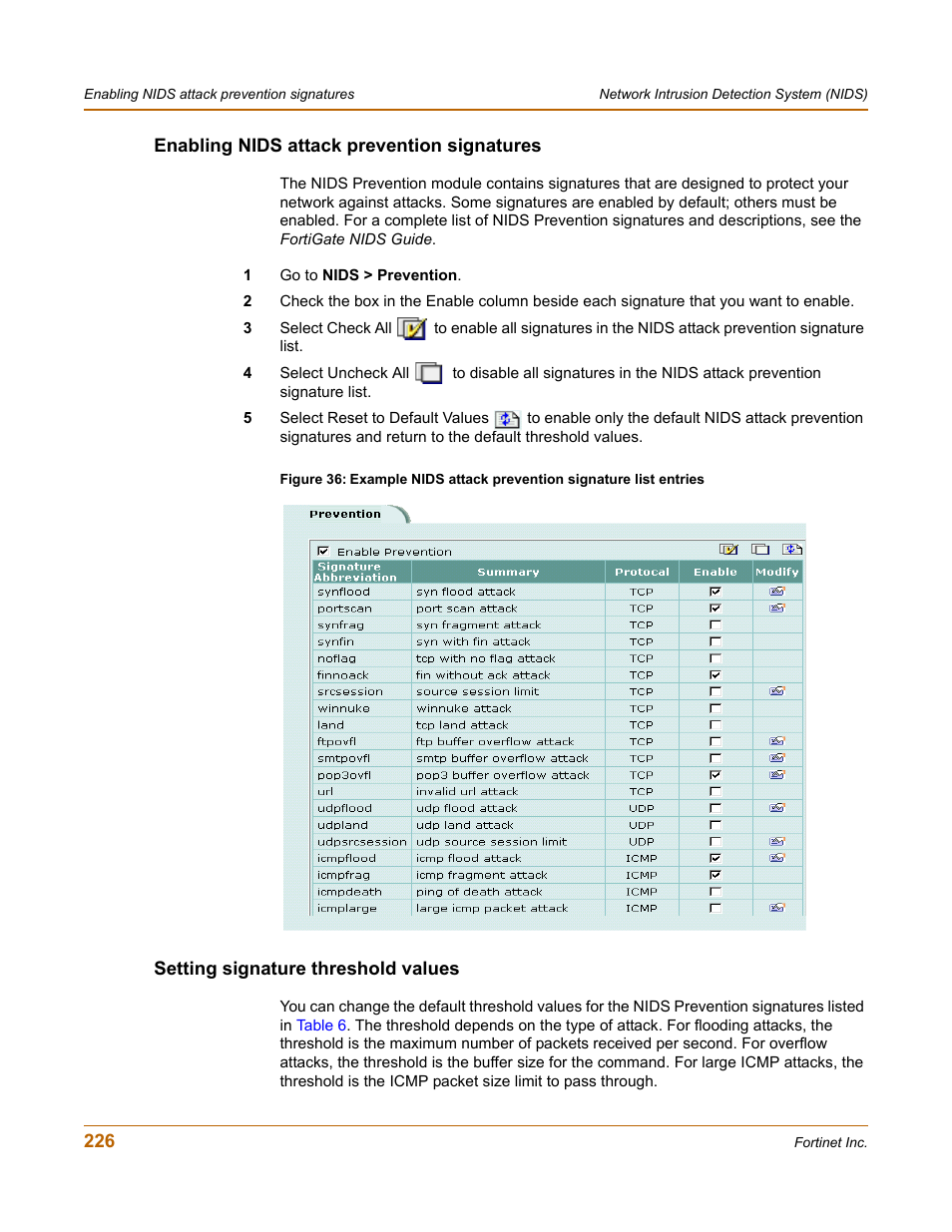 Enabling nids attack prevention signatures, Setting signature threshold values | Fortinet FortiGate 100 User Manual | Page 226 / 272