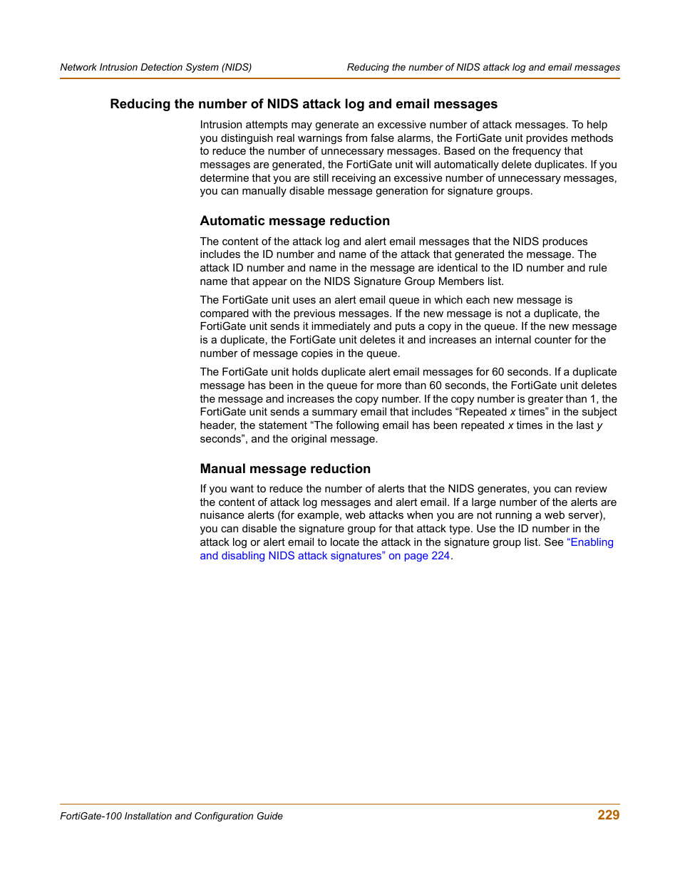 Automatic message reduction, Manual message reduction | Fortinet FortiGate 100 User Manual | Page 229 / 272