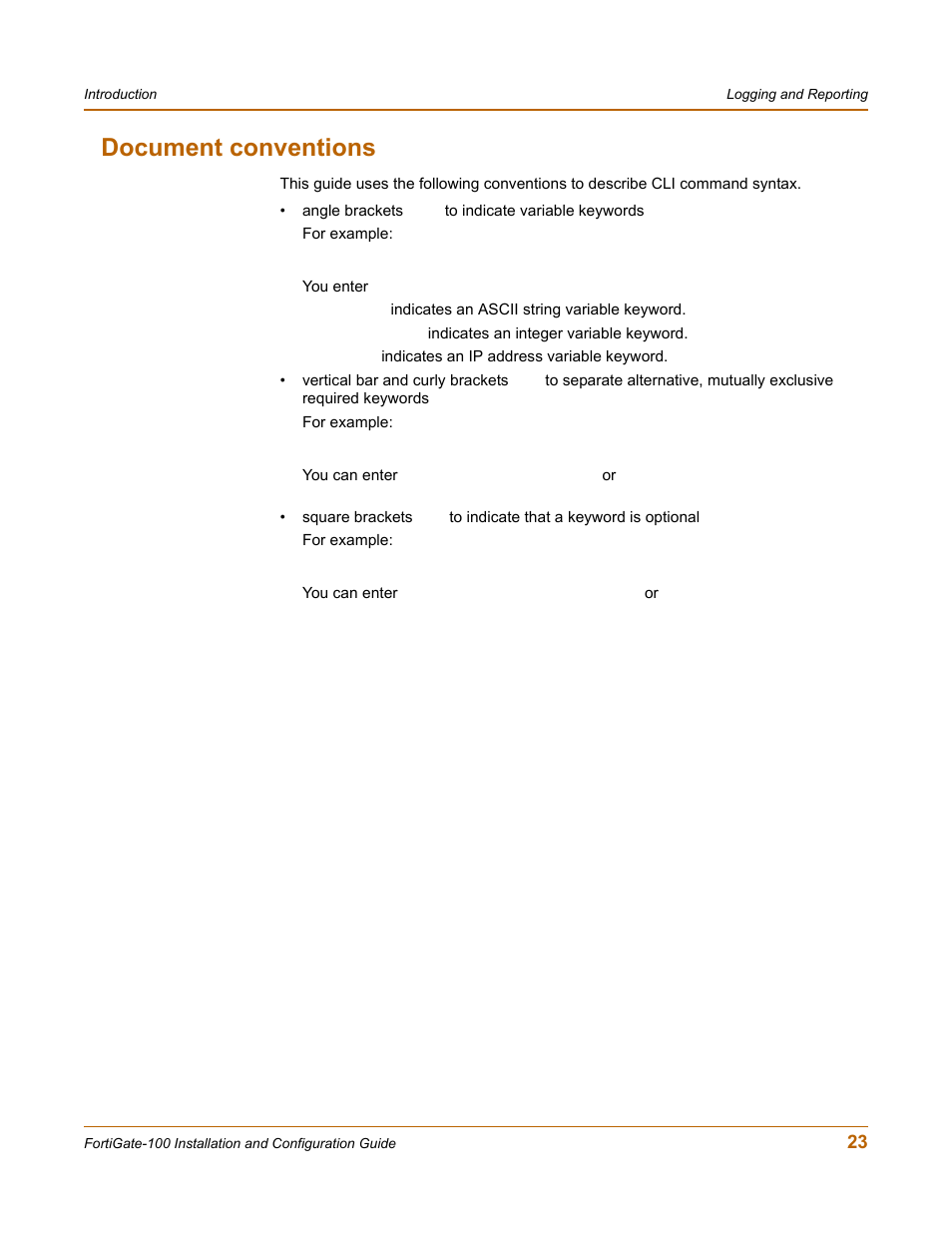 Document conventions | Fortinet FortiGate 100 User Manual | Page 23 / 272