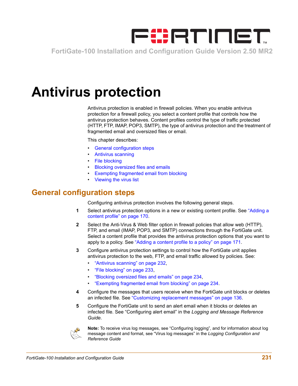 Antivirus protection, General configuration steps | Fortinet FortiGate 100 User Manual | Page 231 / 272