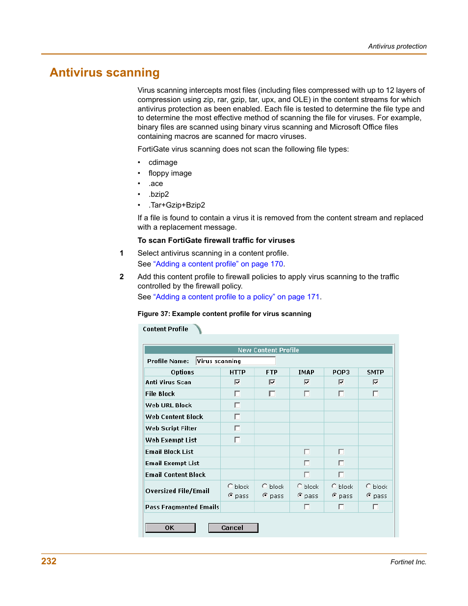 Antivirus scanning, Antivirus | Fortinet FortiGate 100 User Manual | Page 232 / 272