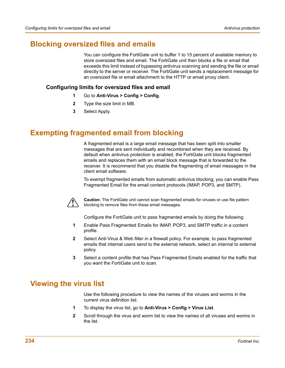 Blocking oversized files and emails, Configuring limits for oversized files and email, Exempting fragmented email from blocking | Viewing the virus list, Ing. see, Exempting fragmented email from blocking” on | Fortinet FortiGate 100 User Manual | Page 234 / 272