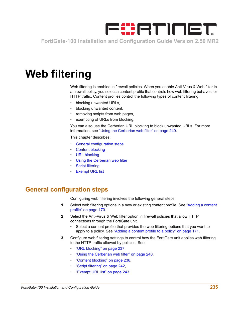 Web filtering, General configuration steps | Fortinet FortiGate 100 User Manual | Page 235 / 272