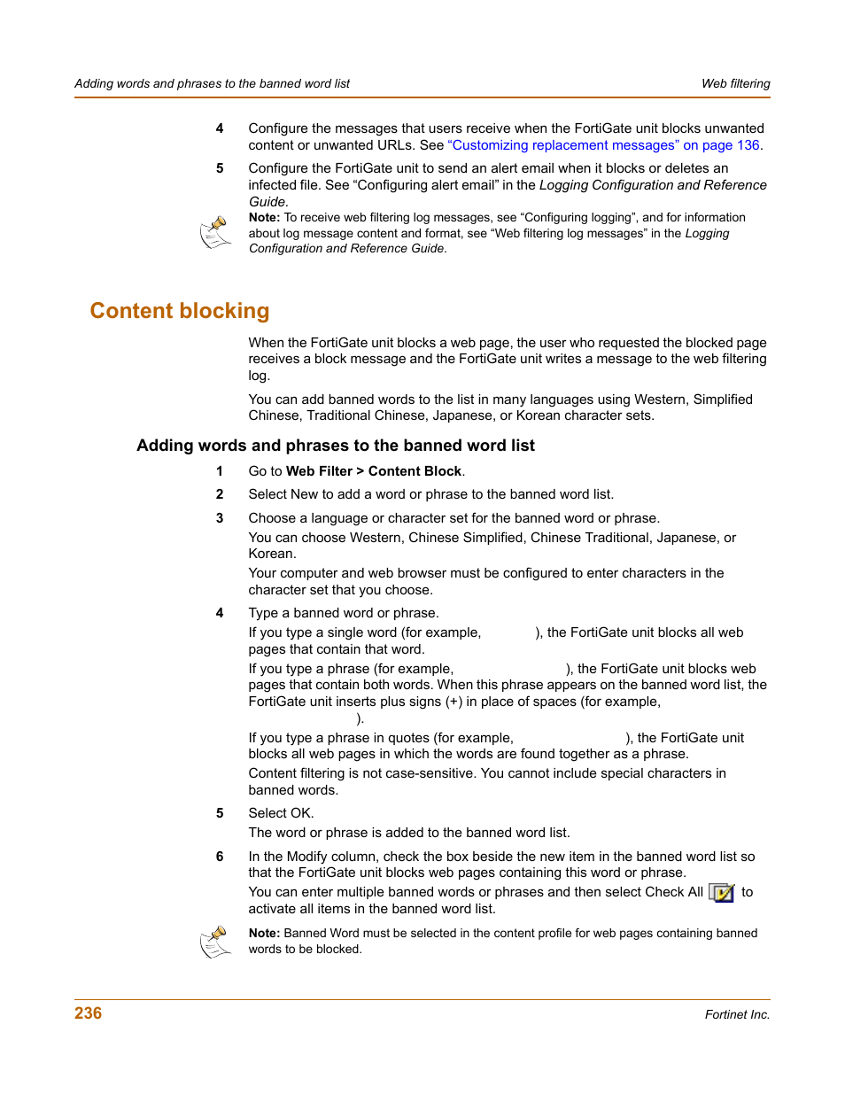 Content blocking, Adding words and phrases to the banned word list | Fortinet FortiGate 100 User Manual | Page 236 / 272