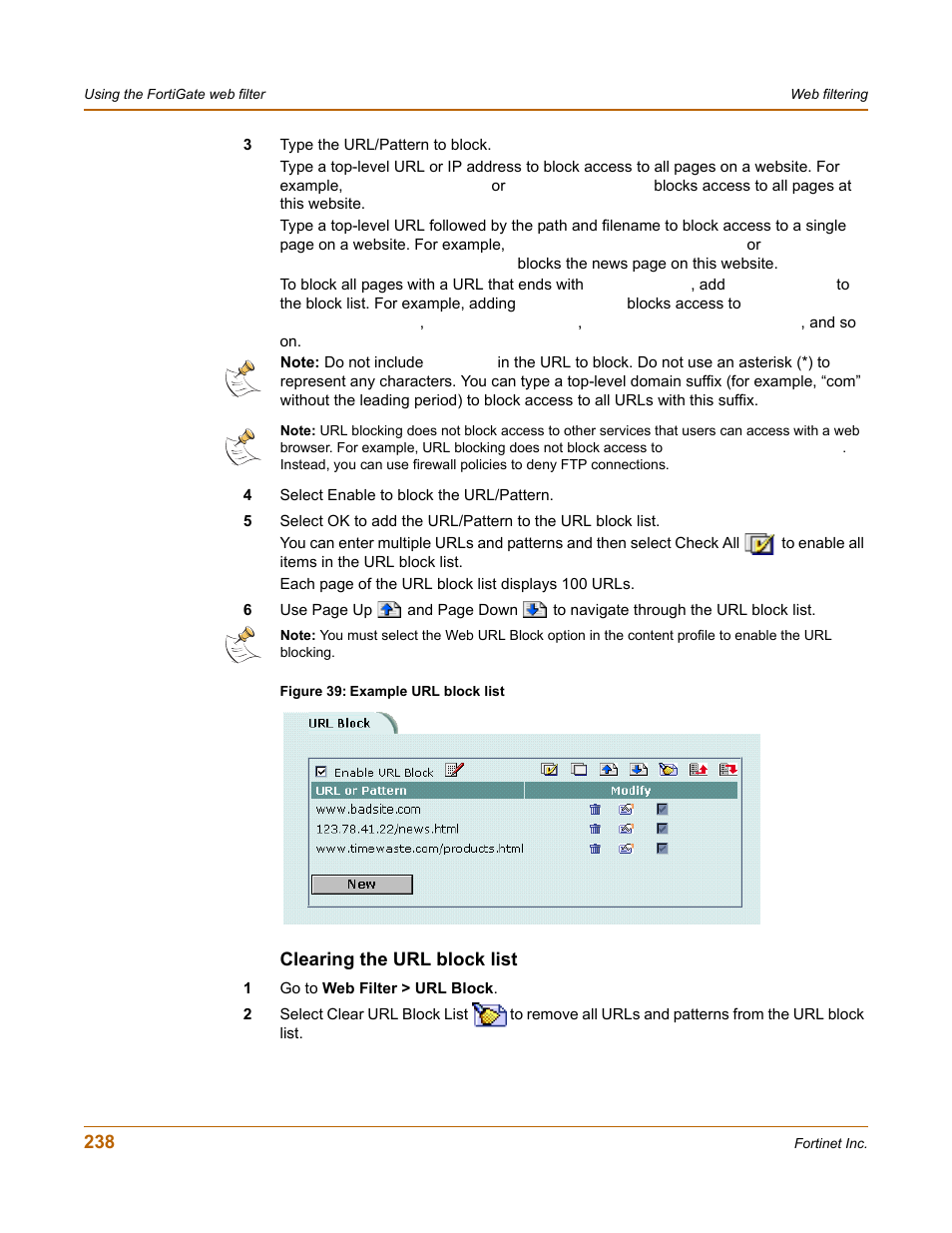 Clearing the url block list | Fortinet FortiGate 100 User Manual | Page 238 / 272