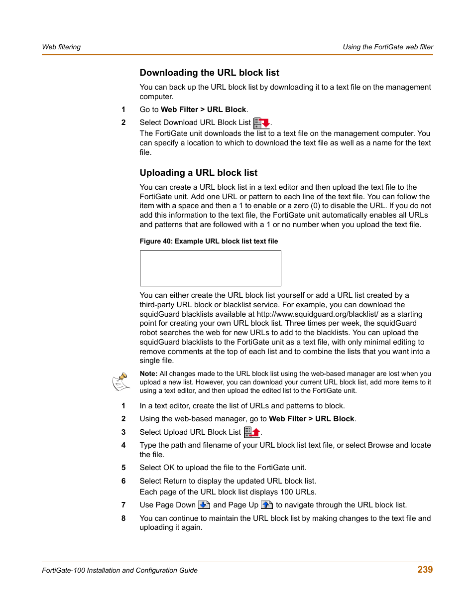 Downloading the url block list, Uploading a url block list | Fortinet FortiGate 100 User Manual | Page 239 / 272