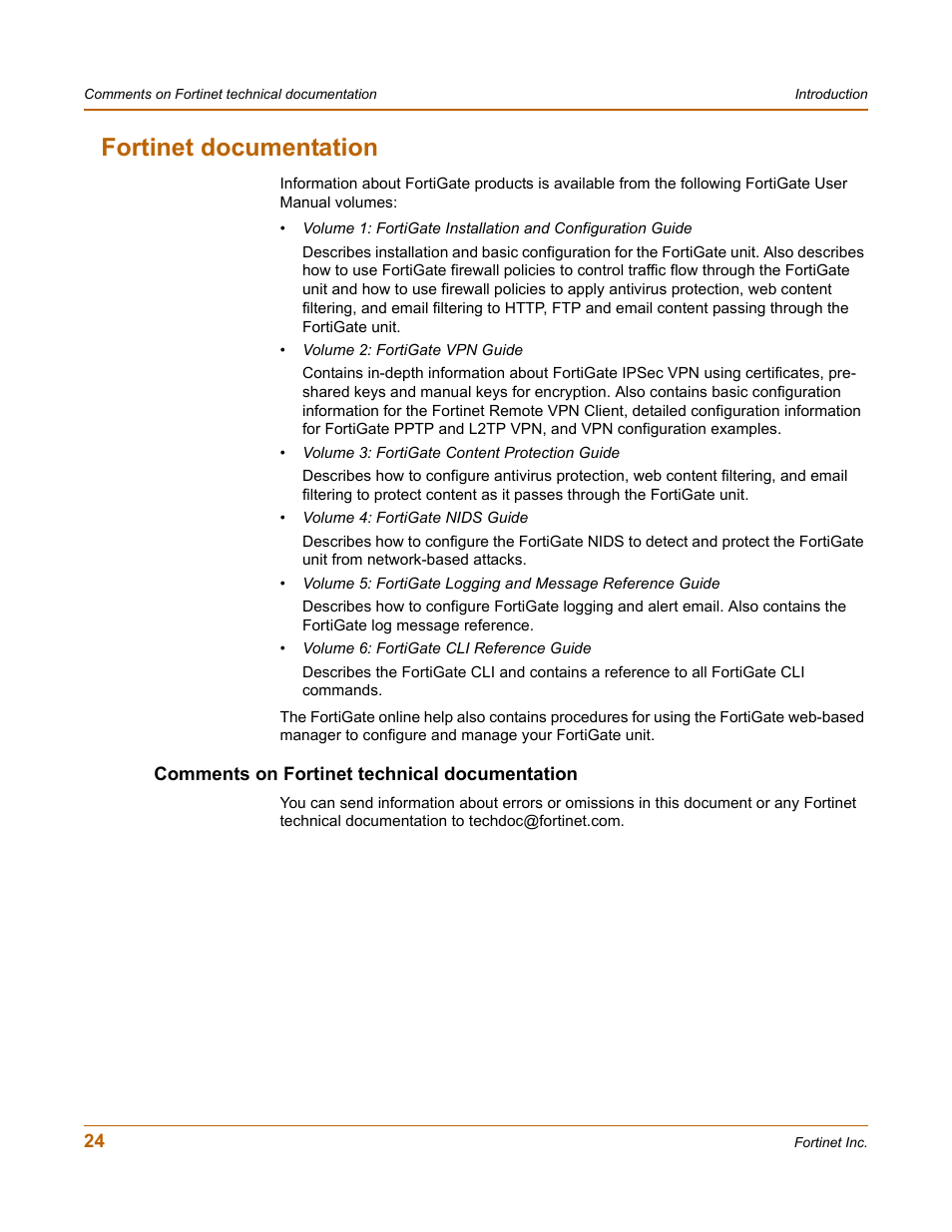 Fortinet documentation, Comments on fortinet technical documentation | Fortinet FortiGate 100 User Manual | Page 24 / 272