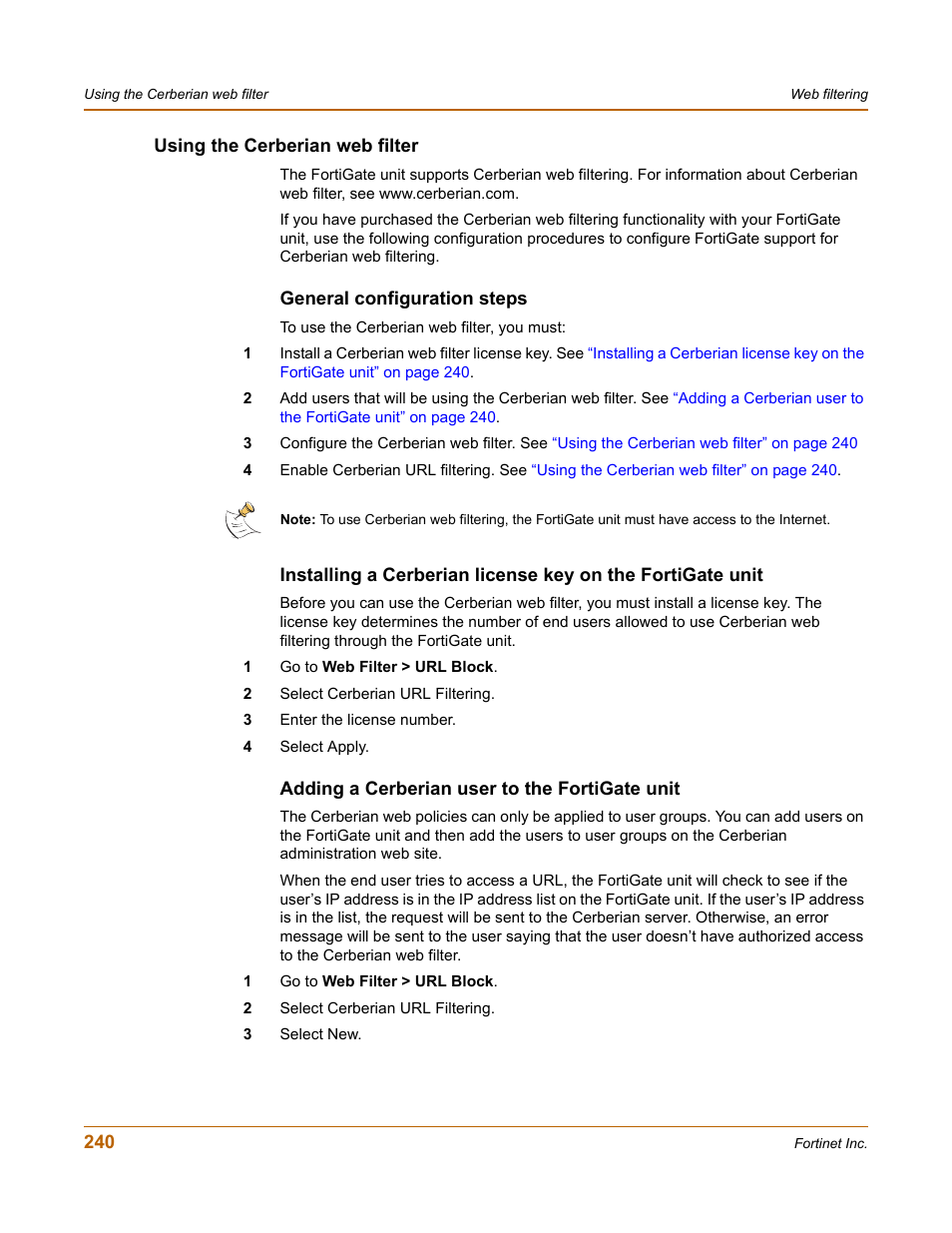 Using the cerberian web filter, General configuration steps, Adding a cerberian user to the fortigate unit | Fortinet FortiGate 100 User Manual | Page 240 / 272