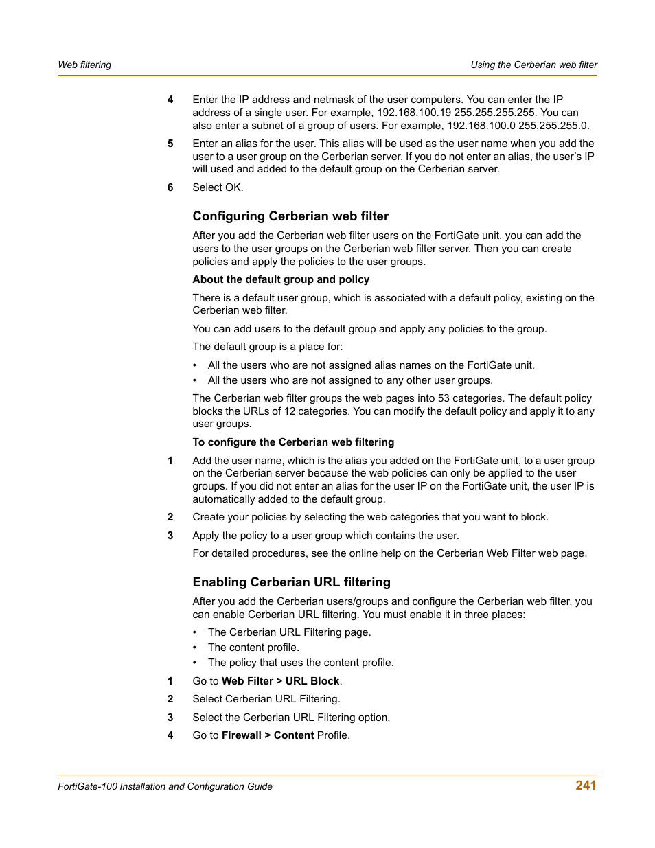 Configuring cerberian web filter, Enabling cerberian url filtering | Fortinet FortiGate 100 User Manual | Page 241 / 272