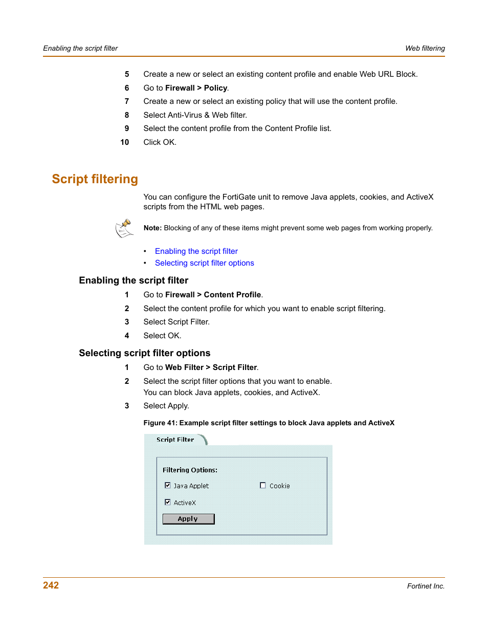 Script filtering, Enabling the script filter, Selecting script filter options | Fortinet FortiGate 100 User Manual | Page 242 / 272