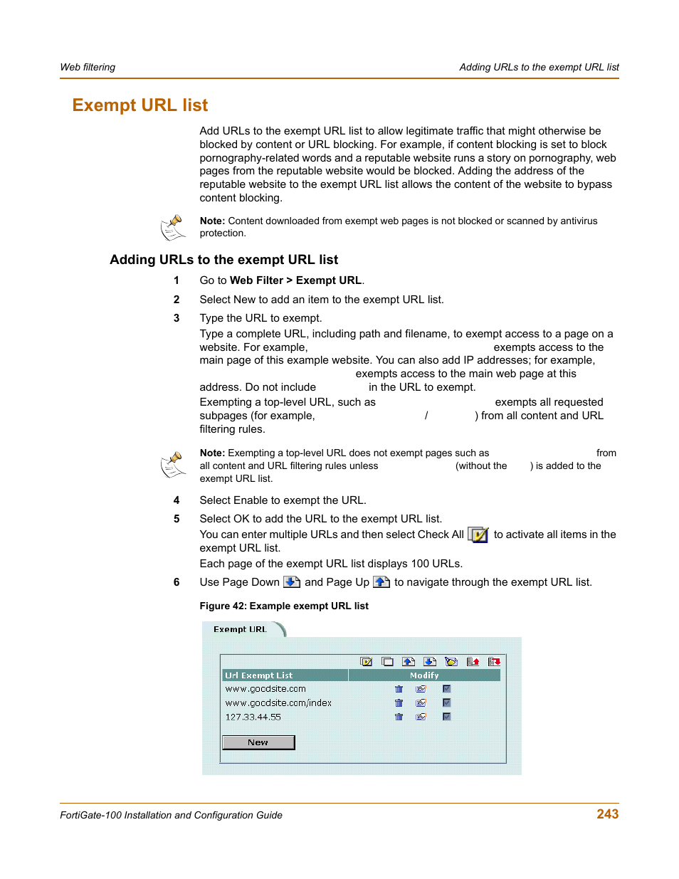 Exempt url list, Adding urls to the exempt url list, Ing. see | Exempt | Fortinet FortiGate 100 User Manual | Page 243 / 272