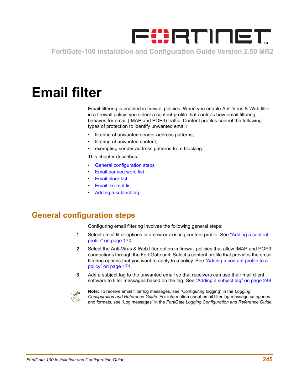 Email filter, General configuration steps | Fortinet FortiGate 100 User Manual | Page 245 / 272