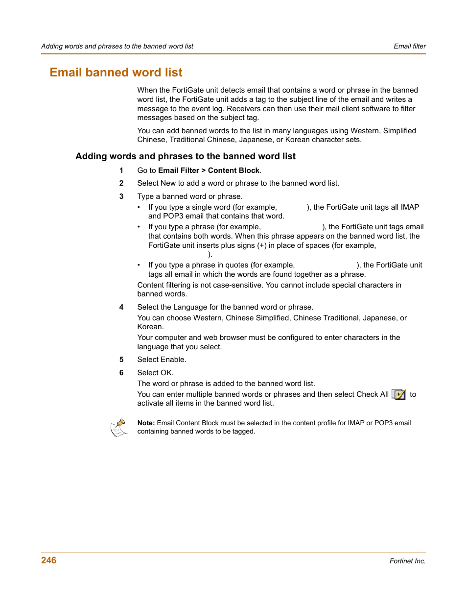 Email banned word list, Adding words and phrases to the banned word list | Fortinet FortiGate 100 User Manual | Page 246 / 272