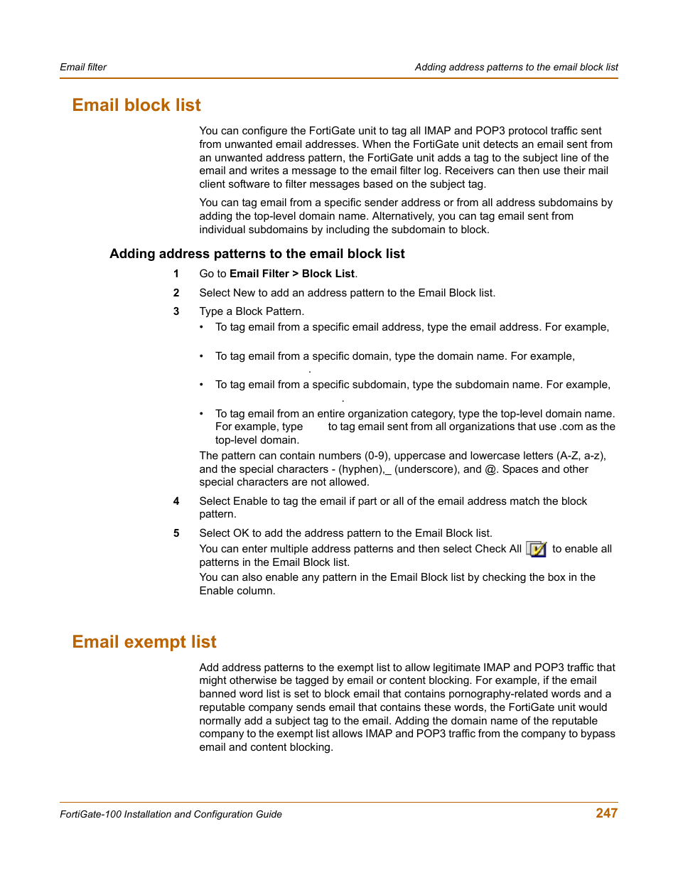 Email block list, Adding address patterns to the email block list, Email exempt list | Email | Fortinet FortiGate 100 User Manual | Page 247 / 272