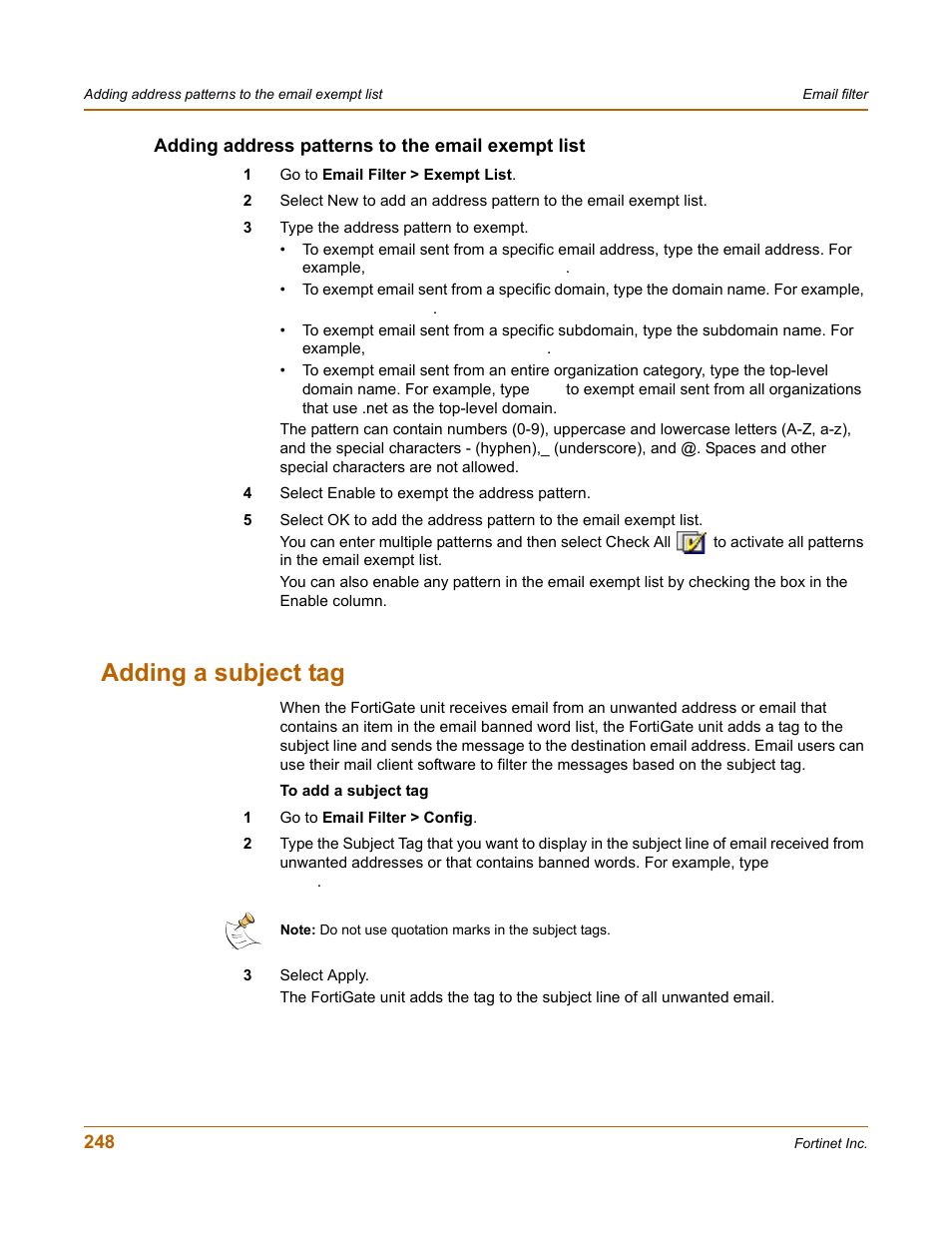 Adding address patterns to the email exempt list, Adding a subject tag | Fortinet FortiGate 100 User Manual | Page 248 / 272