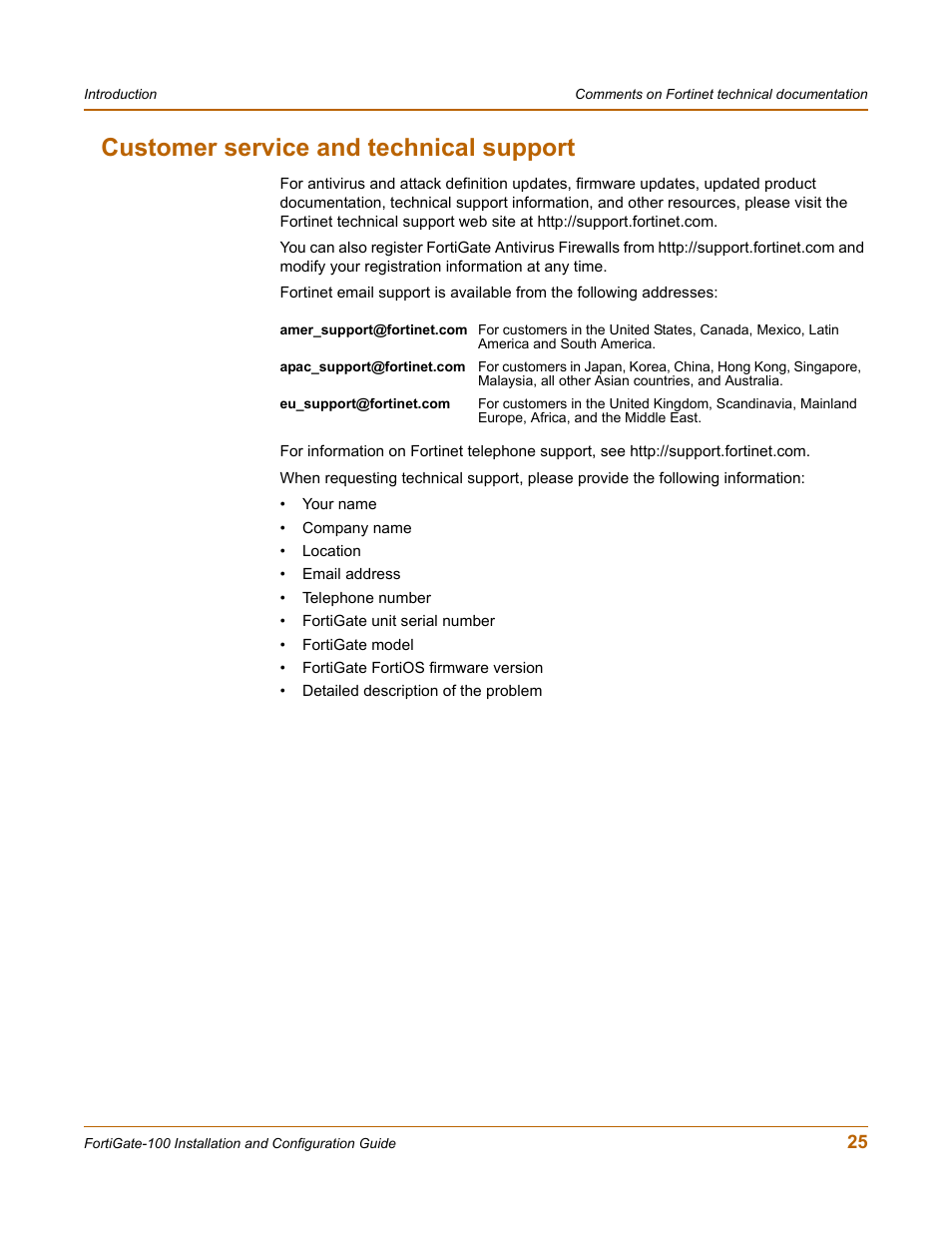 Customer service and technical support | Fortinet FortiGate 100 User Manual | Page 25 / 272