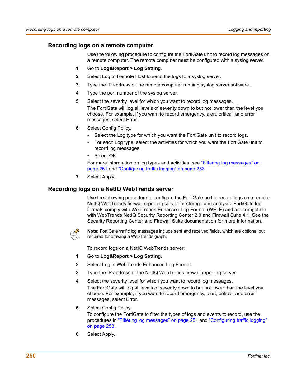 Recording logs on a remote computer, Recording logs on a netiq webtrends server | Fortinet FortiGate 100 User Manual | Page 250 / 272