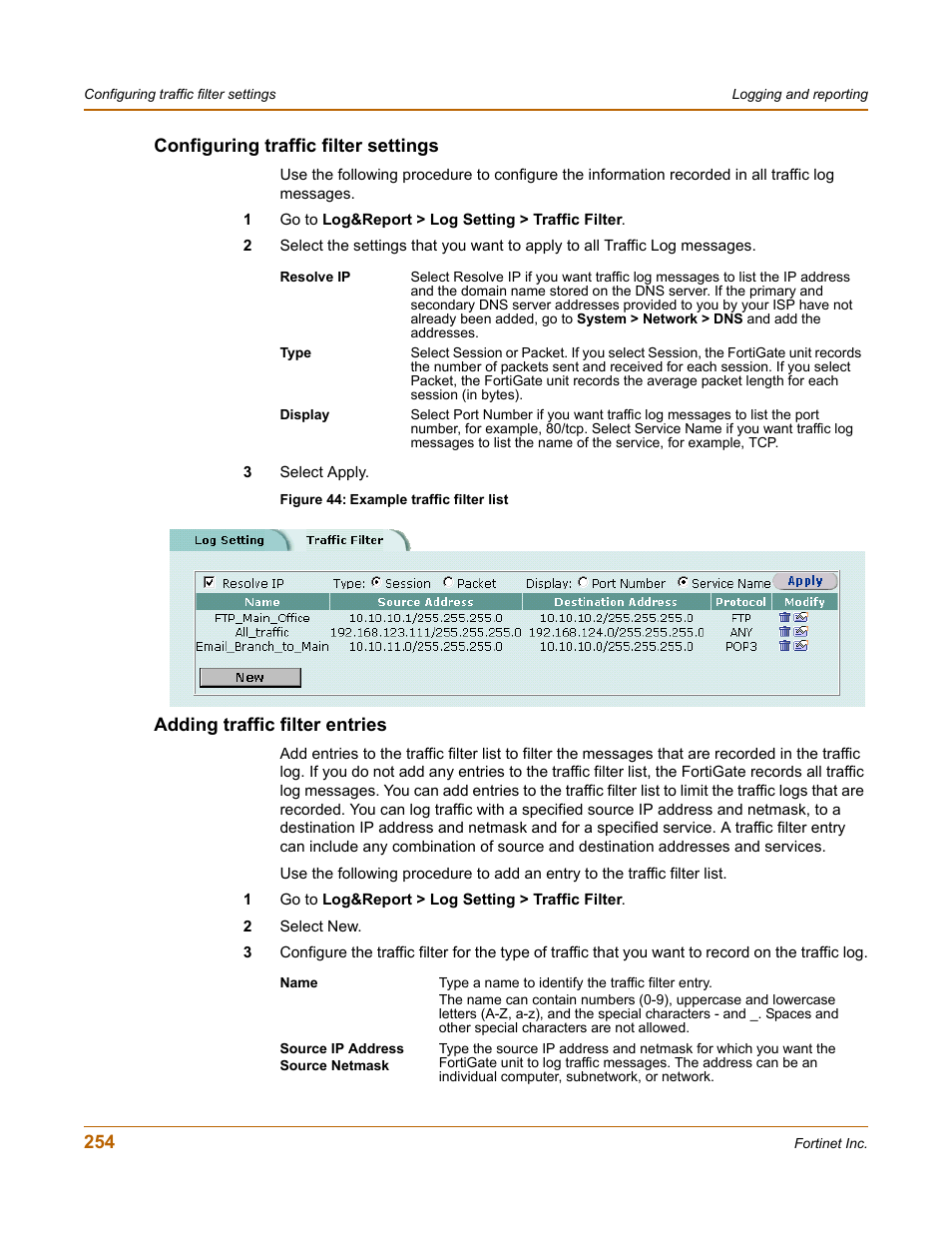 Configuring traffic filter settings, Adding traffic filter entries | Fortinet FortiGate 100 User Manual | Page 254 / 272