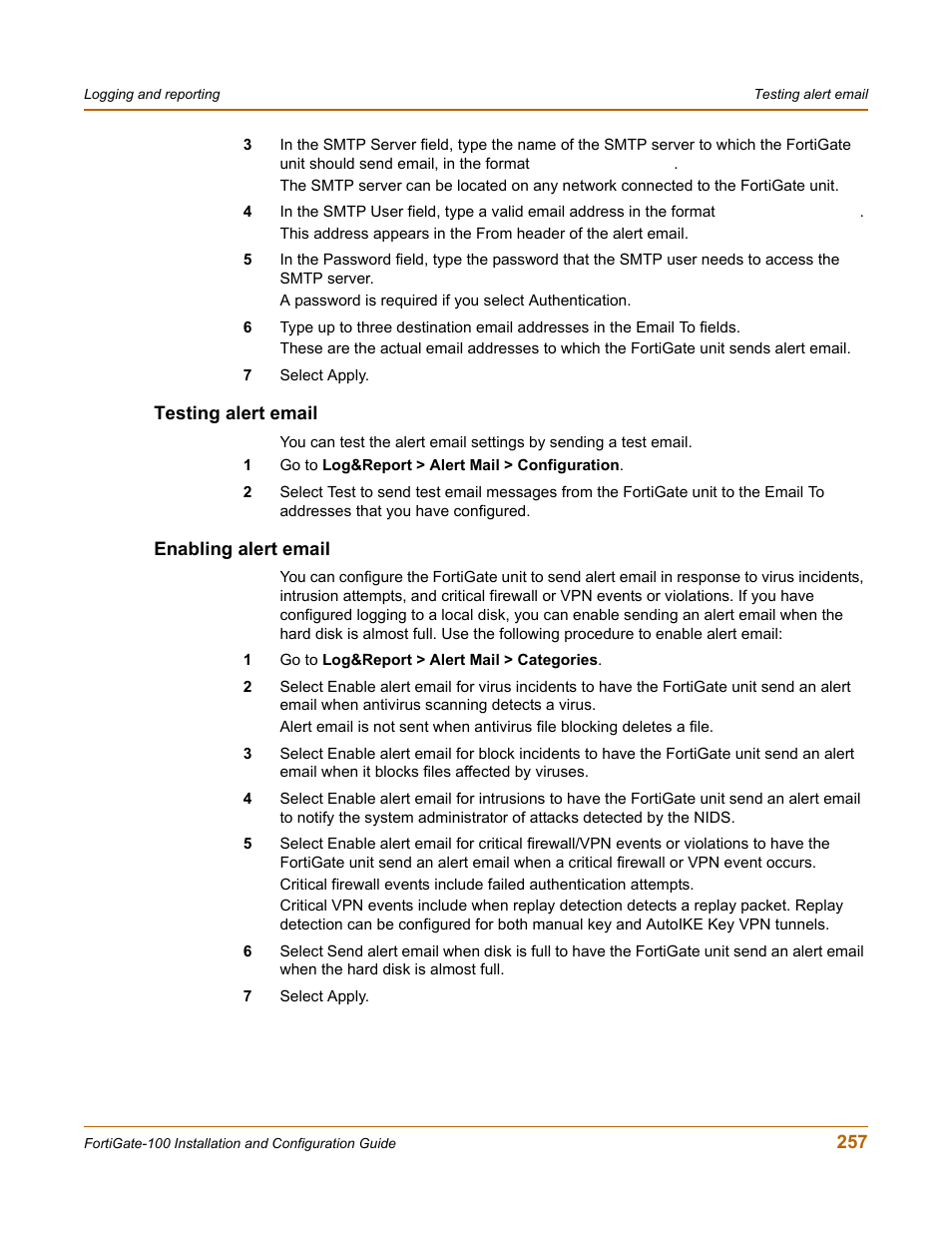 Testing alert email, Enabling alert email | Fortinet FortiGate 100 User Manual | Page 257 / 272