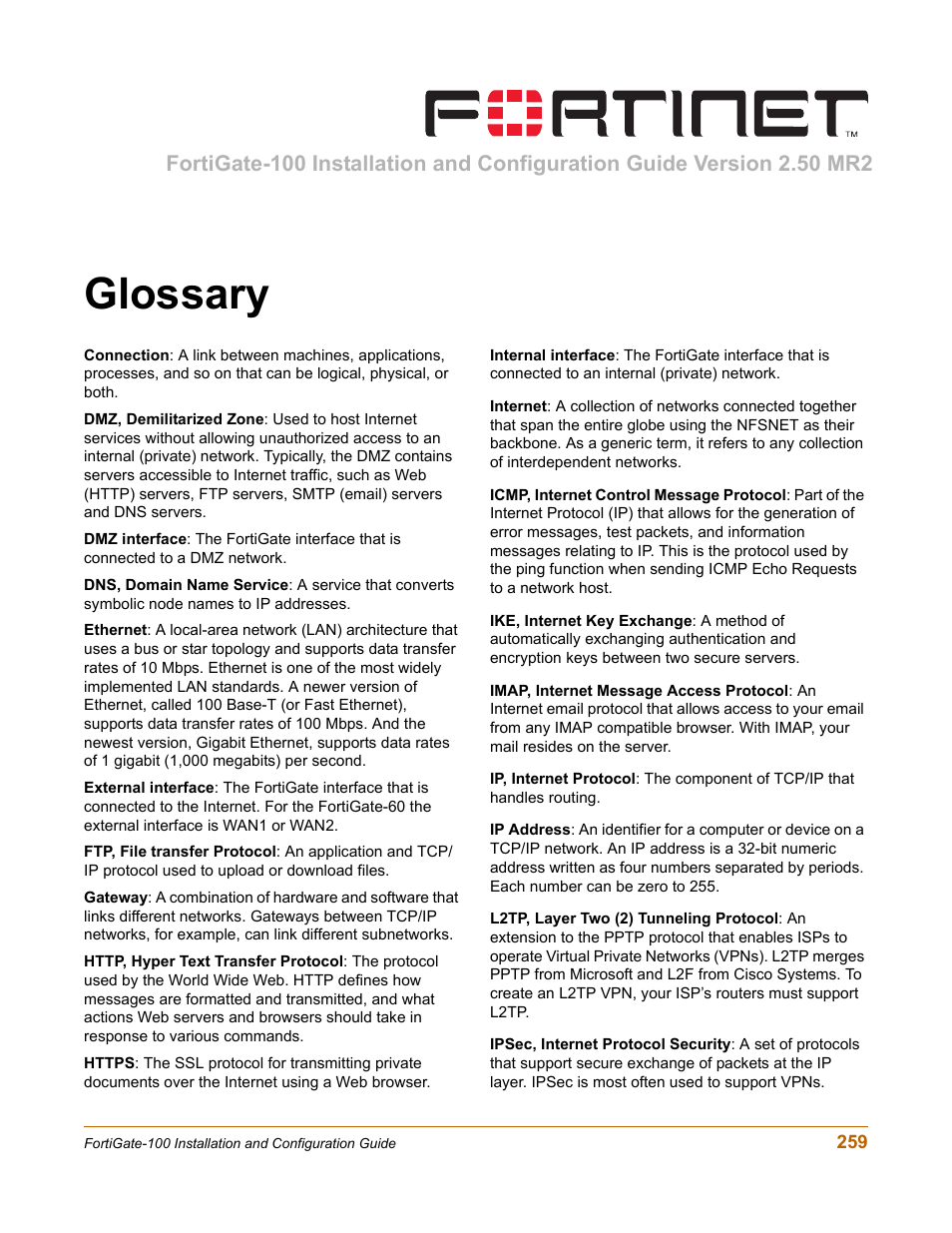 Glossary | Fortinet FortiGate 100 User Manual | Page 259 / 272