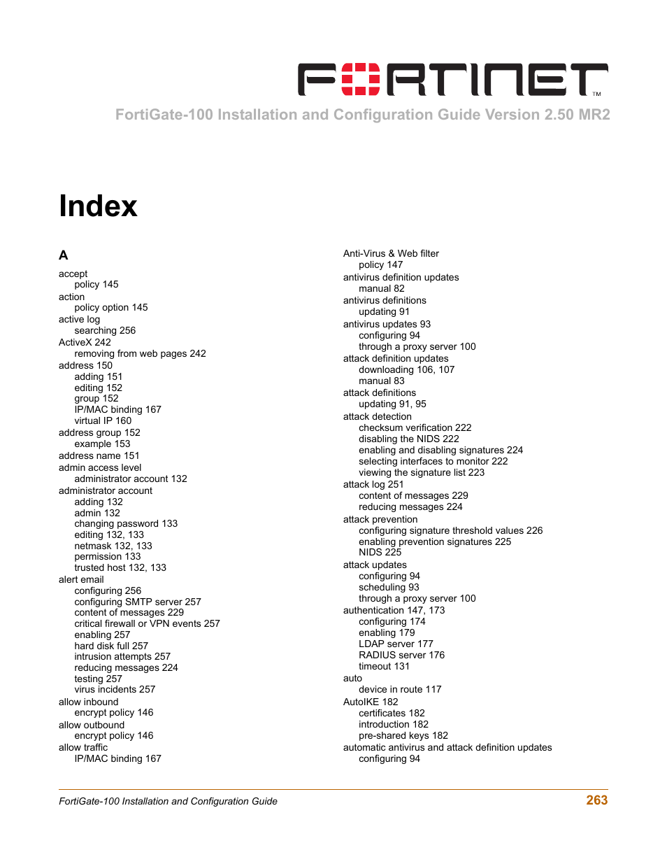 Index | Fortinet FortiGate 100 User Manual | Page 263 / 272