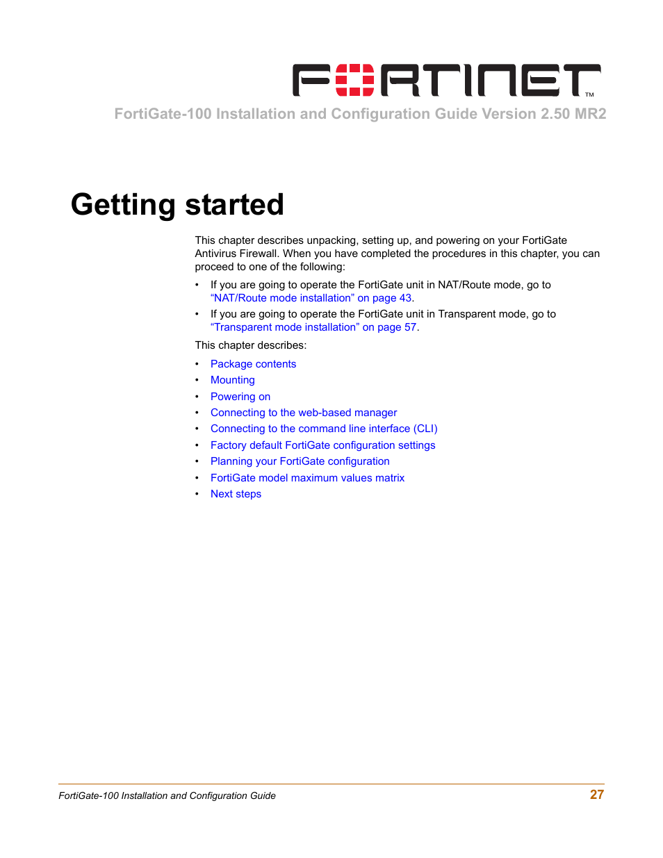 Getting started, Describ | Fortinet FortiGate 100 User Manual | Page 27 / 272