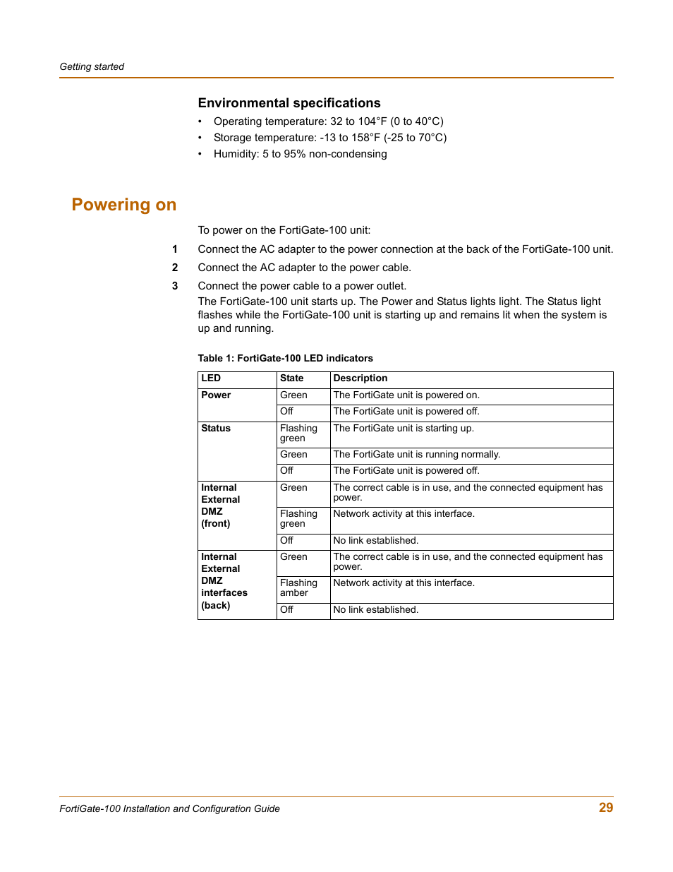 Environmental specifications, Powering on, 29 environmental specifications | Fortinet FortiGate 100 User Manual | Page 29 / 272