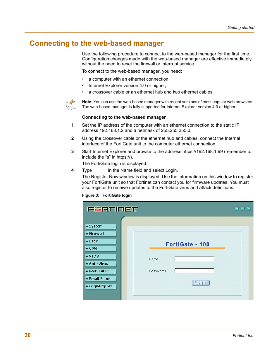 Connecting to the web-based manager | Fortinet FortiGate 100 User Manual | Page 30 / 272