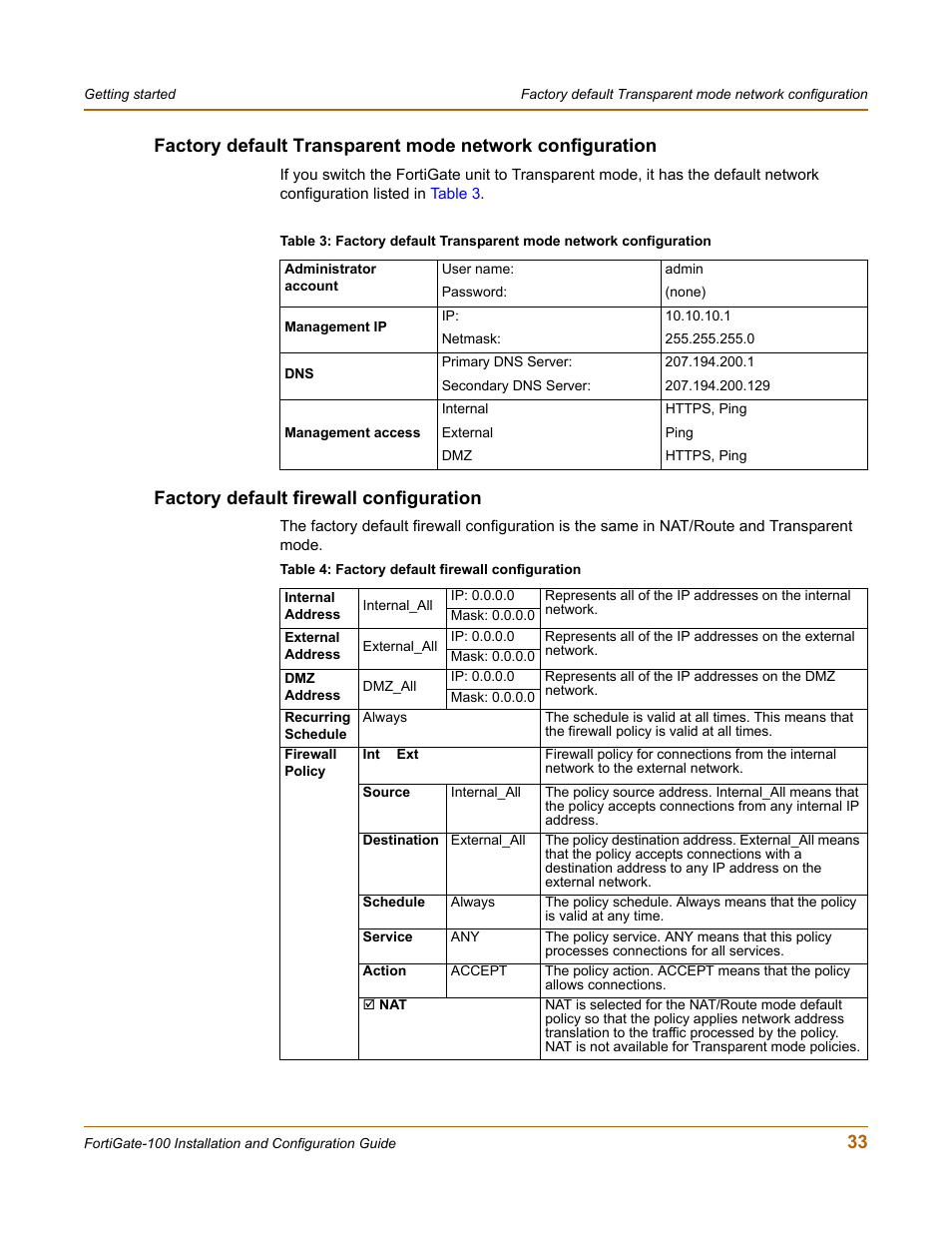 Factory default firewall configuration | Fortinet FortiGate 100 User Manual | Page 33 / 272