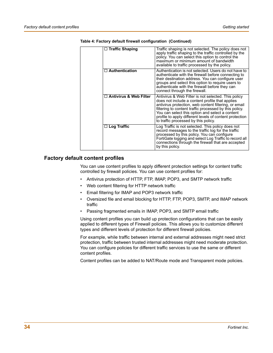 Factory default content profiles | Fortinet FortiGate 100 User Manual | Page 34 / 272