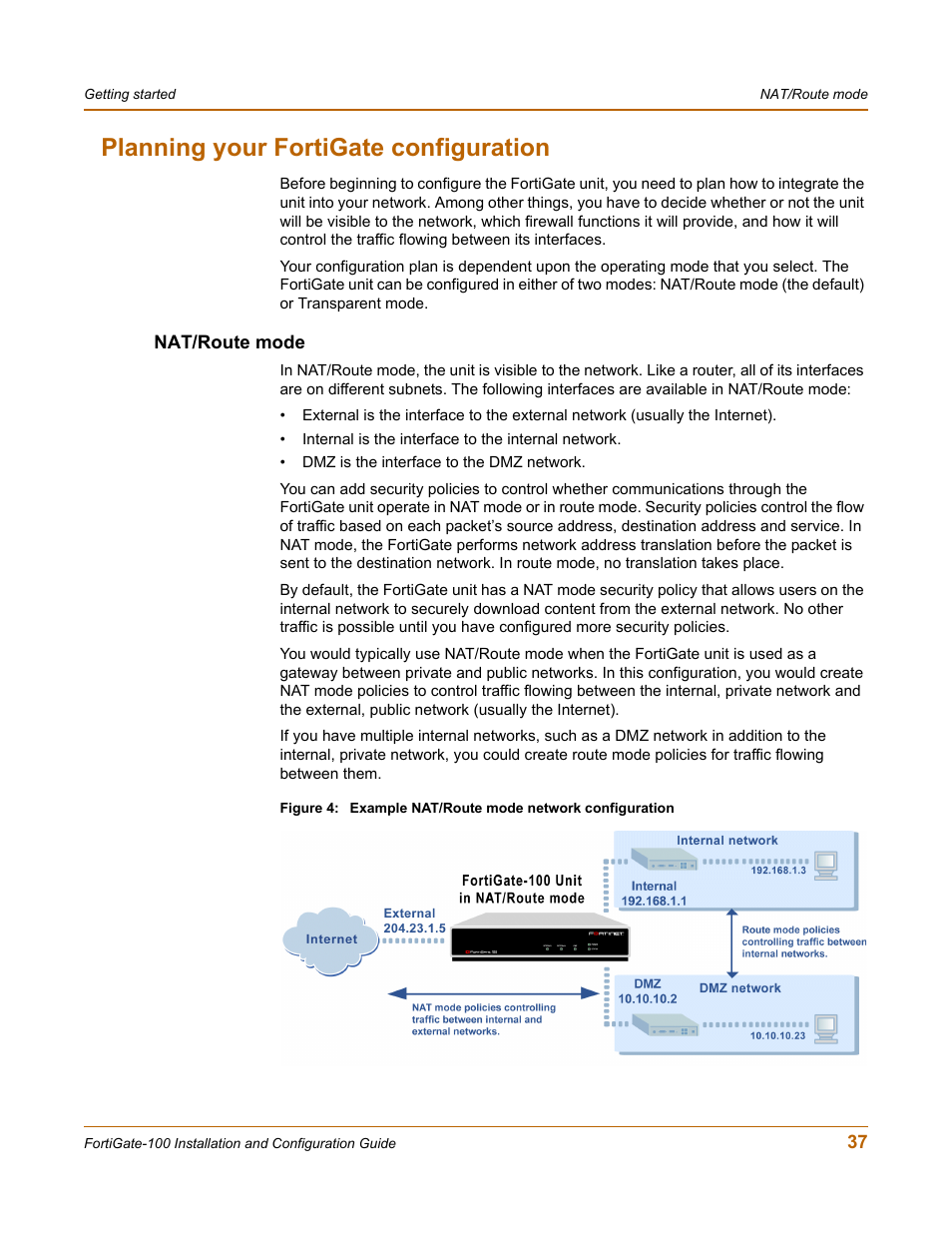 Planning your fortigate configuration, Nat/route mode | Fortinet FortiGate 100 User Manual | Page 37 / 272