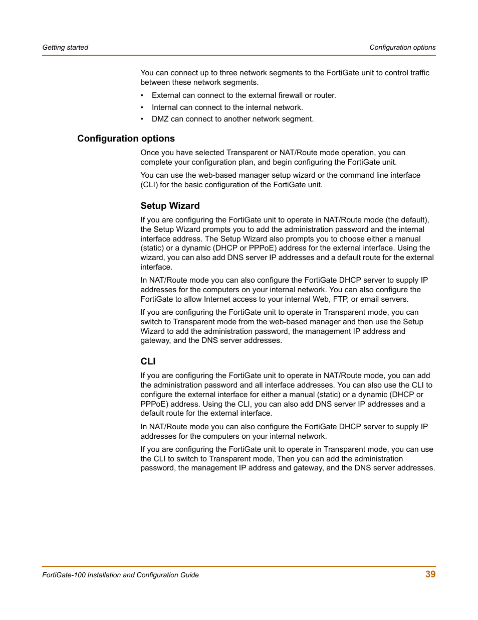 Configuration options, Setup wizard | Fortinet FortiGate 100 User Manual | Page 39 / 272