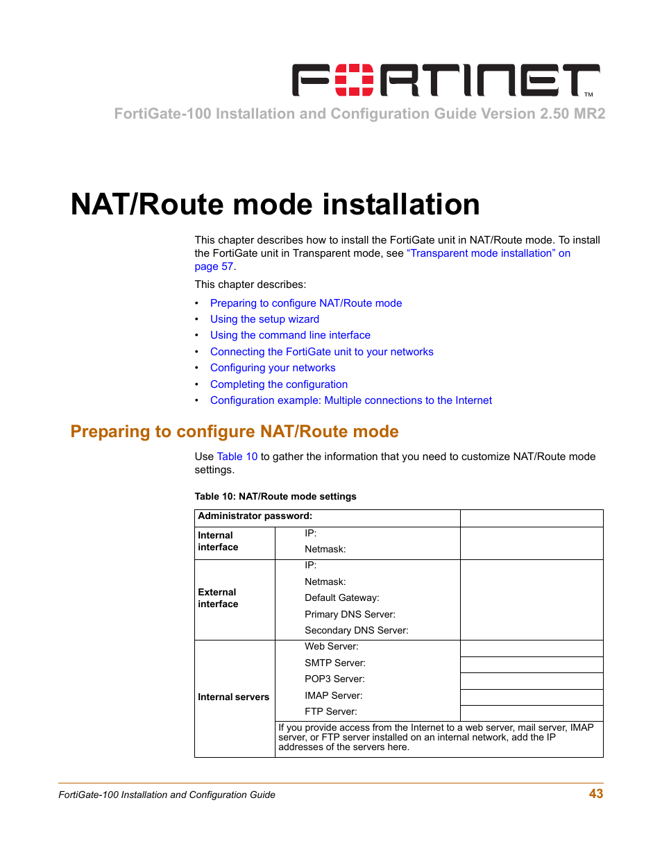 Nat/route mode installation, Preparing to configure nat/route mode, Describes how to ins | Fortinet FortiGate 100 User Manual | Page 43 / 272