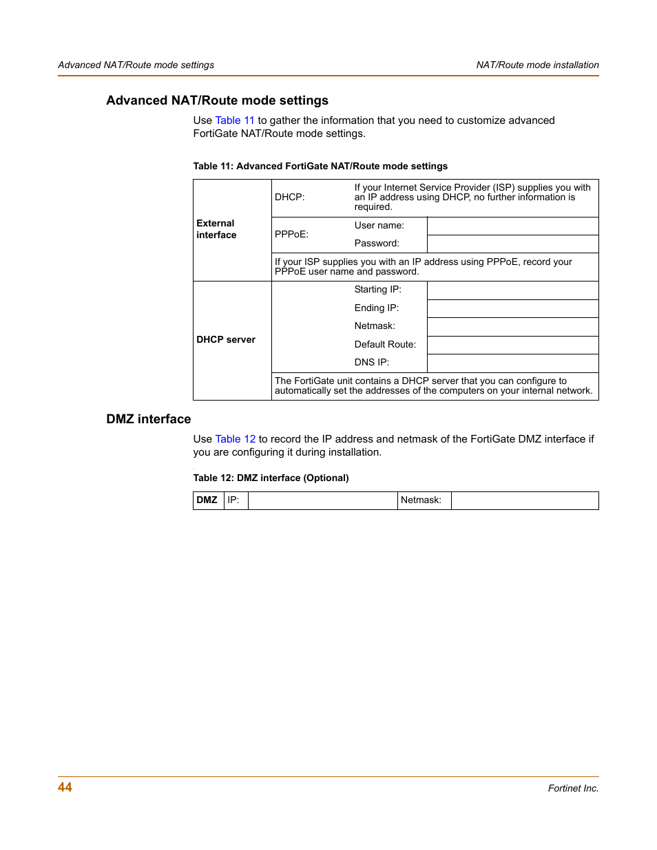 Advanced nat/route mode settings, Dmz interface, Advanced nat/route mode settings dmz interface | Fortinet FortiGate 100 User Manual | Page 44 / 272