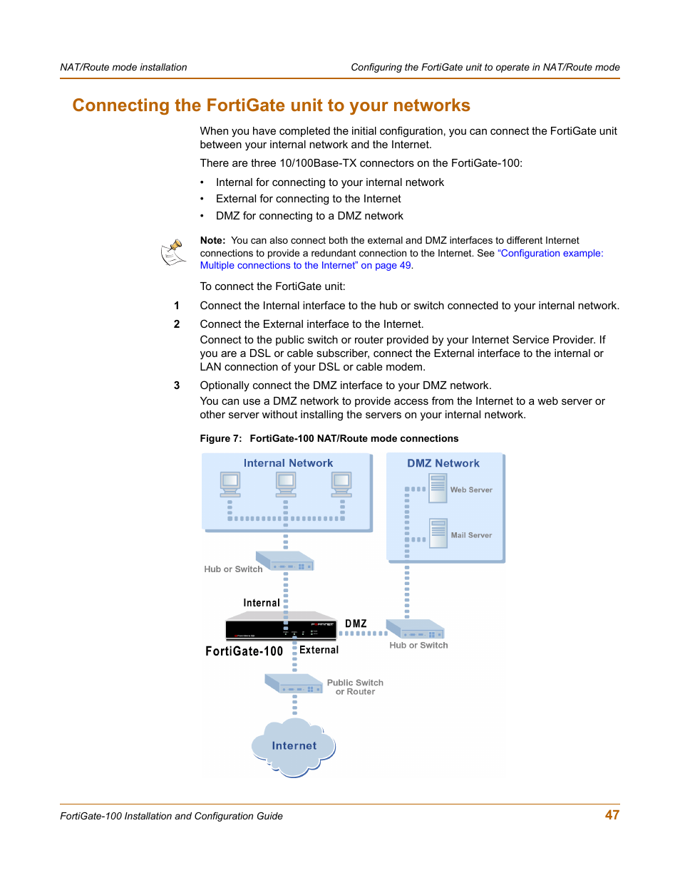 Connecting the fortigate unit to your networks | Fortinet FortiGate 100 User Manual | Page 47 / 272