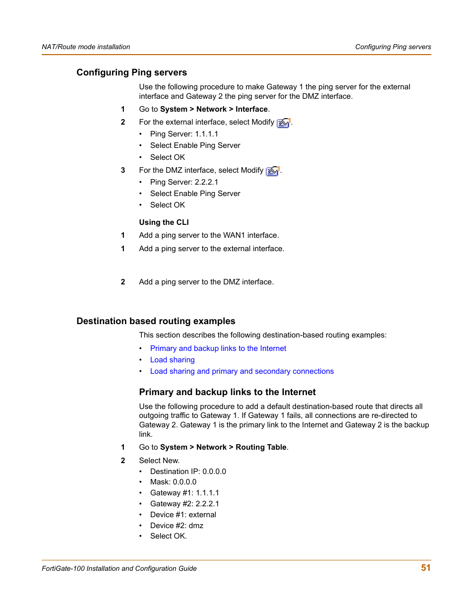 Configuring ping servers, Destination based routing examples, Primary and backup links to the internet | Fortinet FortiGate 100 User Manual | Page 51 / 272