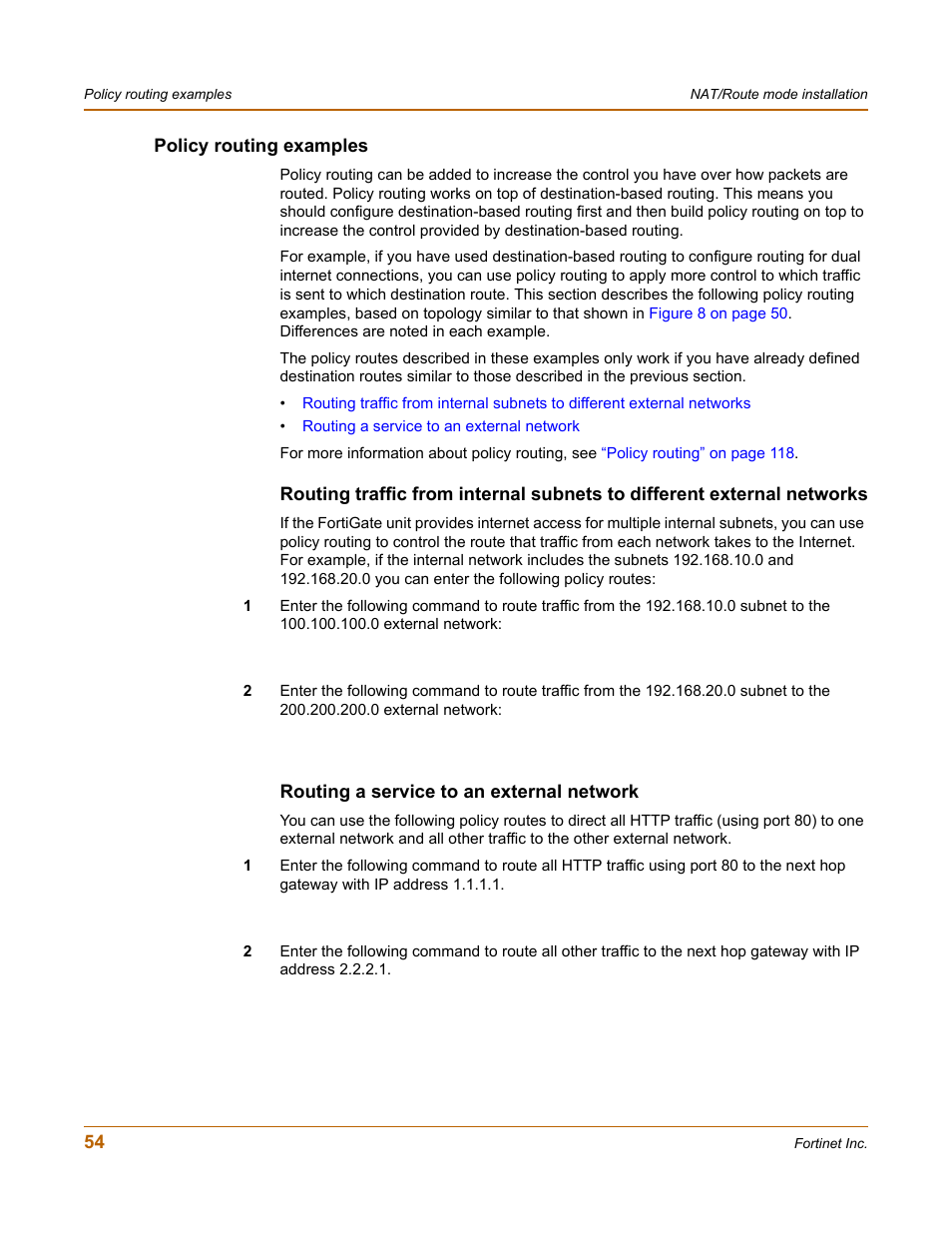 Policy routing examples, Routing a service to an external network | Fortinet FortiGate 100 User Manual | Page 54 / 272