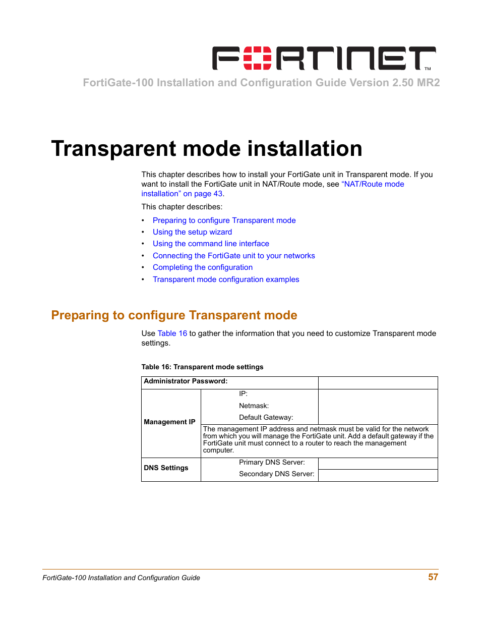 Transparent mode installation, Preparing to configure transparent mode, De, see | Transparent mode installation” on | Fortinet FortiGate 100 User Manual | Page 57 / 272