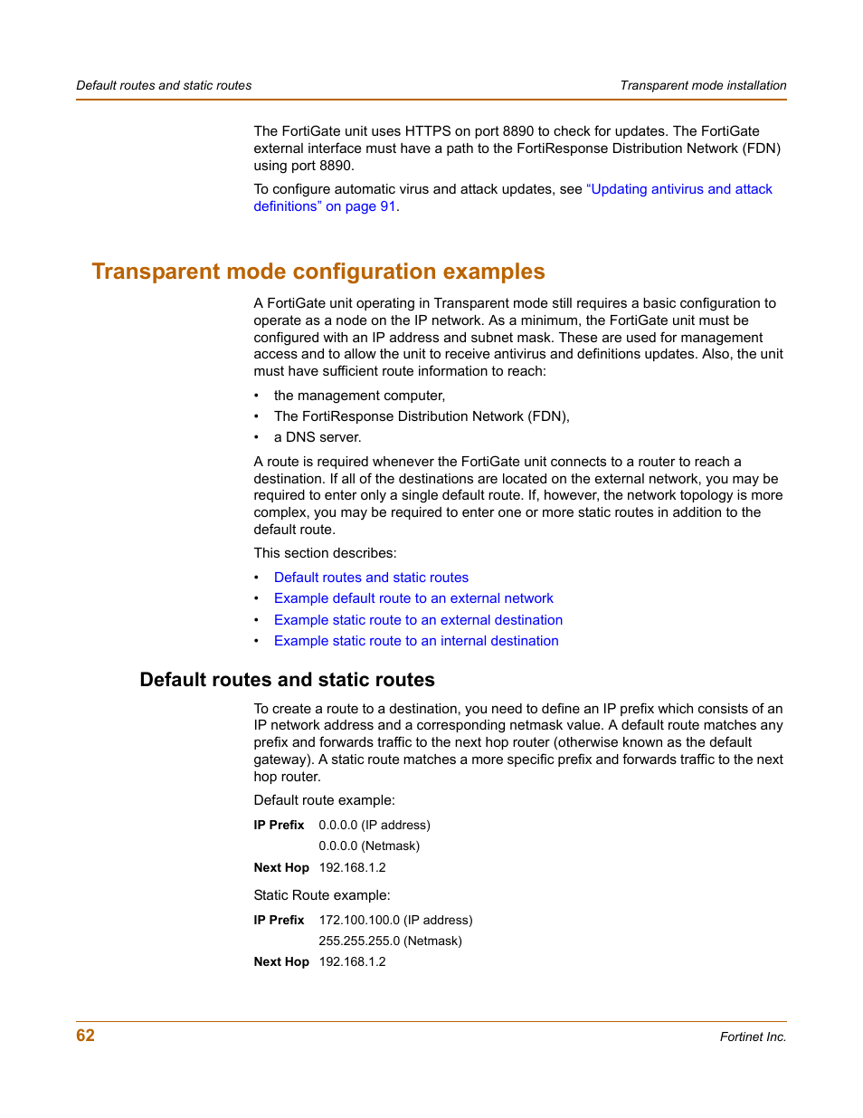 Transparent mode configuration examples, Default routes and static routes | Fortinet FortiGate 100 User Manual | Page 62 / 272