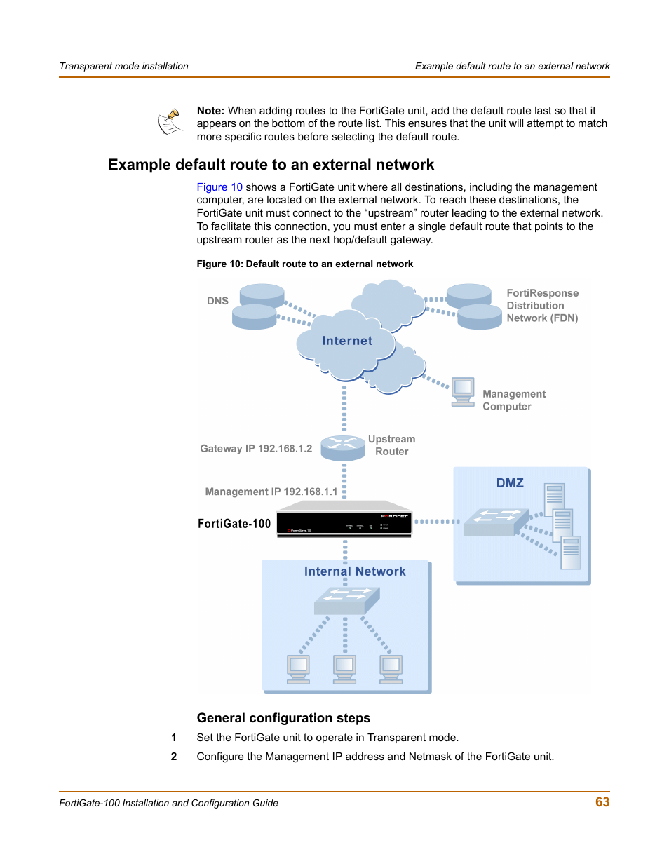 Example default route to an external network, General configuration steps | Fortinet FortiGate 100 User Manual | Page 63 / 272