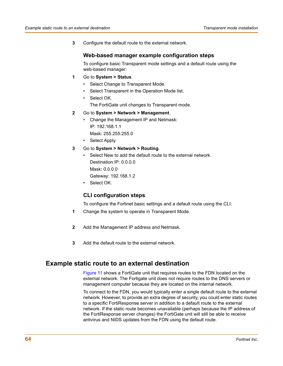 Web-based manager example configuration steps, Cli configuration steps, Example static route to an external destination | Fortinet FortiGate 100 User Manual | Page 64 / 272