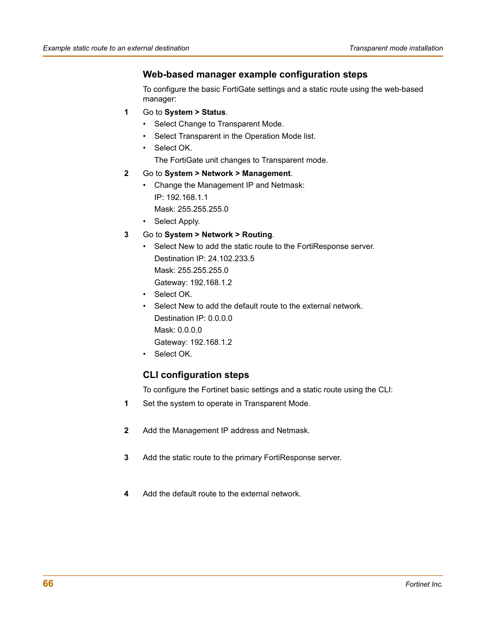 Web-based manager example configuration steps, Cli configuration steps | Fortinet FortiGate 100 User Manual | Page 66 / 272