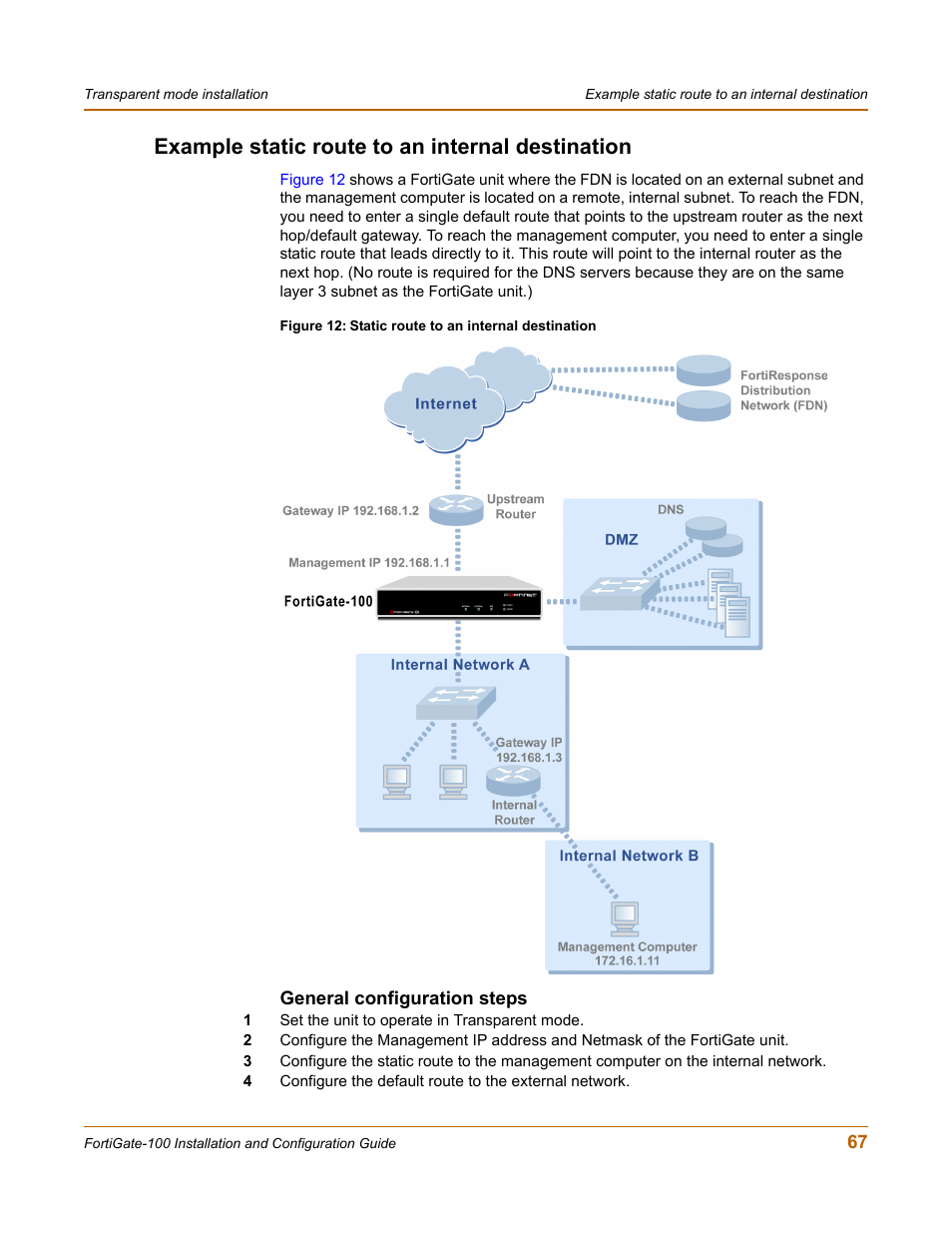 Example static route to an internal destination, General configuration steps | Fortinet FortiGate 100 User Manual | Page 67 / 272