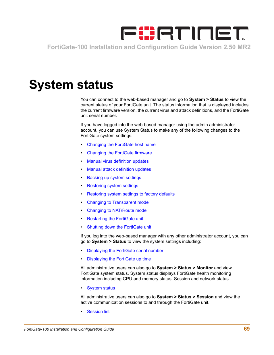 System status | Fortinet FortiGate 100 User Manual | Page 69 / 272