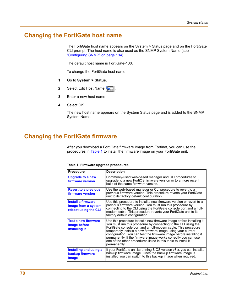 Changing the fortigate host name, Changing the fortigate firmware | Fortinet FortiGate 100 User Manual | Page 70 / 272