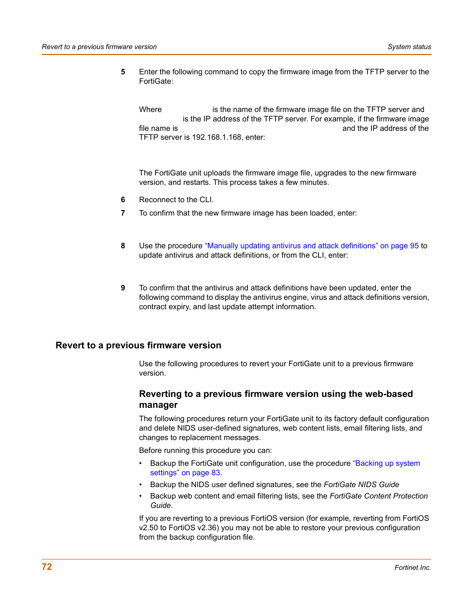 Revert to a previous firmware version, To a previous firmware version | Fortinet FortiGate 100 User Manual | Page 72 / 272