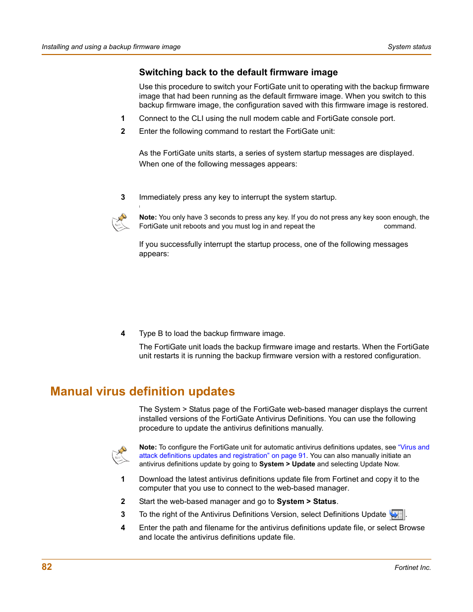 Switching back to the default firmware image, Manual virus definition updates | Fortinet FortiGate 100 User Manual | Page 82 / 272